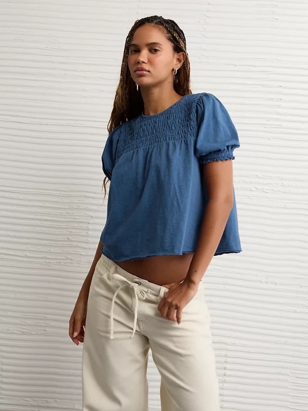 AE Sunchaser High-Neck Puff-Sleeve Smocked Shirt in Navy. Size L.